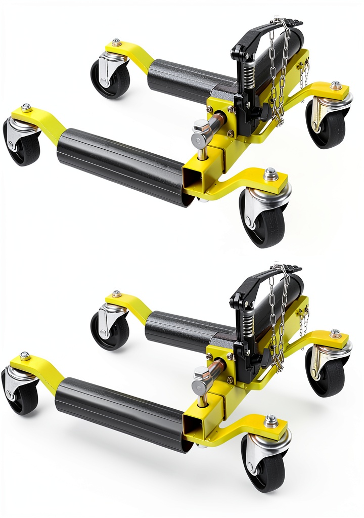 Wheel dollies positioned under a truck tire for maintenance
